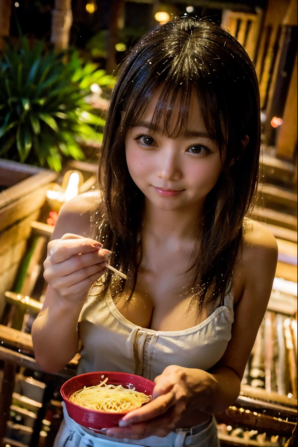8K, RAW Photo, Best Quality, Masterpiece, Realistic, PhotoRealistic, Extremely Detailed 8K Wallpaper, Beautifully Detailed Eyes, Finely Detailed Face,
BREAK
Professional Lighting, High-Key Lighting,
BREAK
nagashi_soumen, A Lady is Eating Japanese Somen Noodles:1.4, Using Chopsticks,
Japanese Somen Noodles are Flowing Down Slide with Running Water:1.4,
Slide is Made of Bamboo,
Thin Curl Noodles,
Outside, Summer,
BREAK
Perfectly Anatomically Correct:1.4, 5 Beautiful Finger:1.2,
BREAK
1 Lady, Very Short Bob Cut:1.0, Japanese, Wide-Set Eyes, Very White Skinned, Blush, Embarrassed, (20-Year-Old),
Brown Hair, Wet Hair, Messy Hair, (Light Smiling:1.4), (cleavage),
Wearing Marc Jacobs Off Shoulder Top + Marc Jacobs Shorts,
Looking Up Viewer, Dynamic Angle,
BREAK
SFW:1.0, Non-Nipples:1.0,
BREAK
Eye Focus, Bokeh:1.0