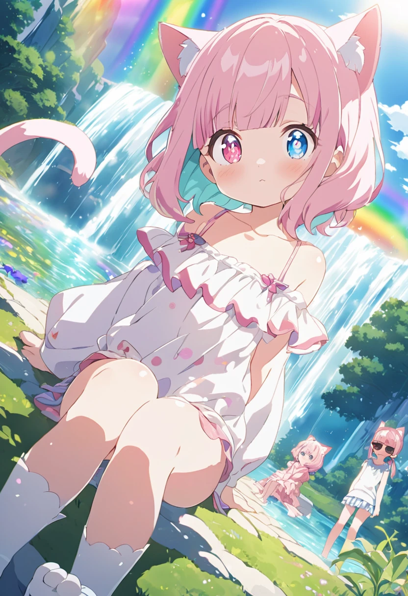 female , tired, sleepy, sitting on the floor, looking at viewer, twintail, medium hair, blunt bangs, wavy hair, shiny hair, pink hair, aqua hair, streaked hair, colored inner hair, pink eyes, blue eyes, odd eyes, with irises, with star-shaped irises, with heart-shaped irises, with diamond-shaped irises, with sparkling eyes, big eyes, droopy eyes, tareme, heterochromia, wide-eyed, with heart-shaped eyes, with heart-shaped pupils, wheatish skin, shiny skin, detailed skin, , short, slim, bikini, sunglasses, smaller face, with cat ears, cat tail, cute face, , 10-year-o, ,e skyd shining lights, with a lake, with a waterfall, with a rainbow waterfall, in the afternoon, kawaii, cute, anime, cel anime, 2d anime, full body shot, on right, dynamic angle, wide view, wide shot, golden ratio, framing composition, midday, best light, in focus with blurred background