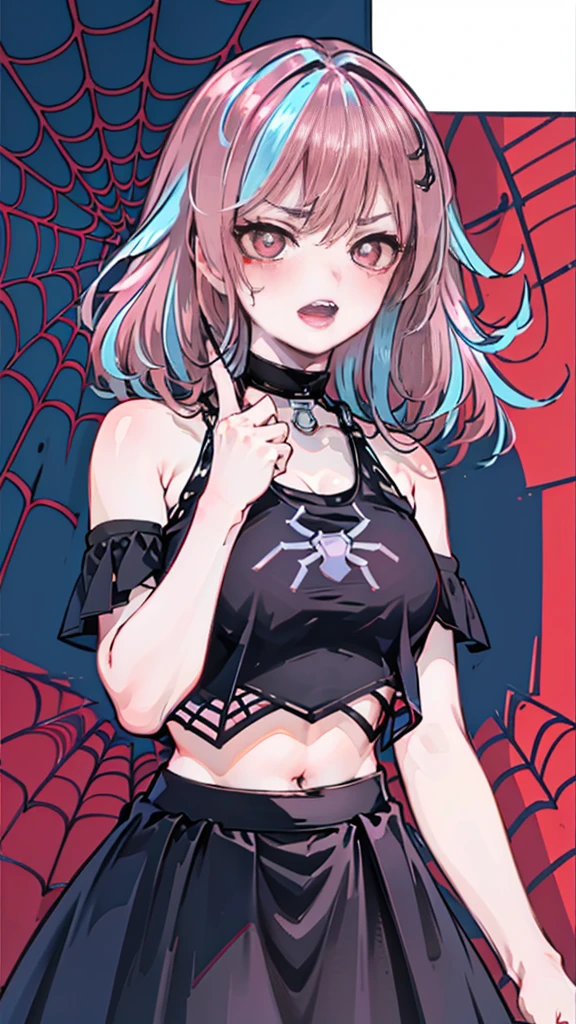 The best quality, lovely, Digital art, Altamente detailed, Detail it up, Intricate,  hermoso brillo detailed, detailed, cinematiclight, high resolution, detailed facial features, sharp focus, Suave, ((Whole body)), (masterpiece),(Ultra detailed), (high quality), (high resolution),  1 girl of 25 years,(Spider-Web background:1.2),bare shoulders, black belt, Black choker, blue hair, old, choker, Crop above, Emikuki, facial mark, big breasts, looking at the viewer, multicolored hair, (sharp teeth, open mouth), no hats, (Dominant),(), pink hair, sharp teeth, shirt, Skirt, only, streaked hair, Cabello bitono