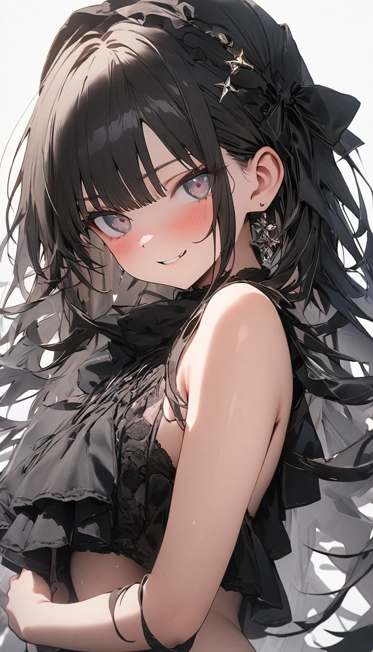 (Best quality, 8k, 32k, Masterpiece, UHD,:1.2),RAW, 1girl,ultra cute , natural lighting,transparent shining eyes, 20yo ,fair complexion ,flushed face,dynamic Lighting,Black girl wearing jewels　Gray Eyes　　pleasure　Resignation　dear　sorrow　destiny　Calm expression bathhouse　((bathing))　Warm background　full_Nude　Completely naked　Gothic Girl