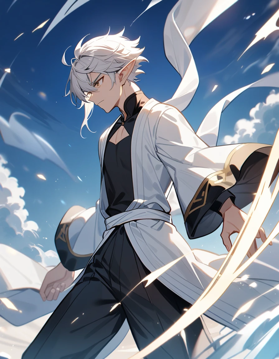 1 chico, male focus, elf, wind, swift master, dnf duel, clear skin, White hair, White wushu uniform with black details and black pants