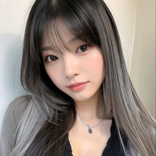 there is a woman with long hair posing for a picture, korean girl, korean woman, beautiful south korean woman, girl silver hair, gorgeous young korean woman, asian girl with long hair, an asian woman, straight grey hair, dark gray hair, sakimichan, with dark grey hair, silver long hair, with long hair, beautiful young korean woman, masterpiece, 8k, cleavage, big , bust detail, hair detail, eye detail