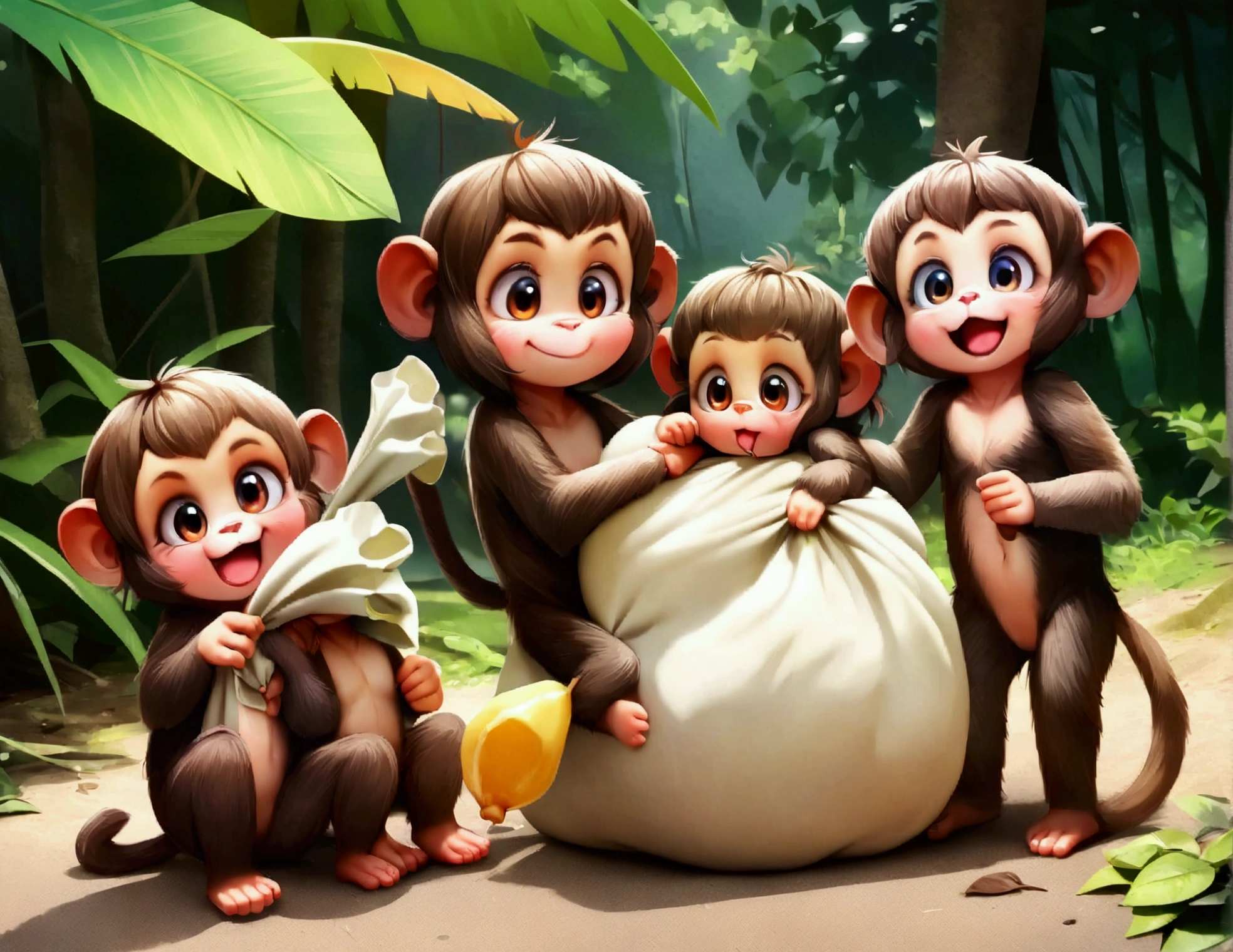 A group of little cute monkeys,mischievous monkeys,playful monkeys,monkey antics,cheeky monkeys,jungle camp,outdoor camp,food sack,scientists away,comedic,humorous,comical,slapstick,cute,fluffy,adorable,high quality,8k,detailed,vibrant colors,natural lighting,lush greenery,photorealistic