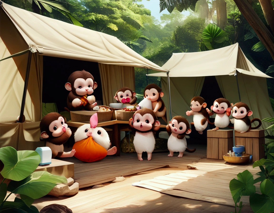A group of little cute monkeys,mischievous monkeys,playful monkeys,monkey antics,cheeky monkeys,jungle camp,outdoor camp,food sack,scientists away,comedic,humorous,comical,slapstick,cute,fluffy,adorable,high quality,8k,detailed,vibrant colors,natural lighting,lush greenery,photorealistic