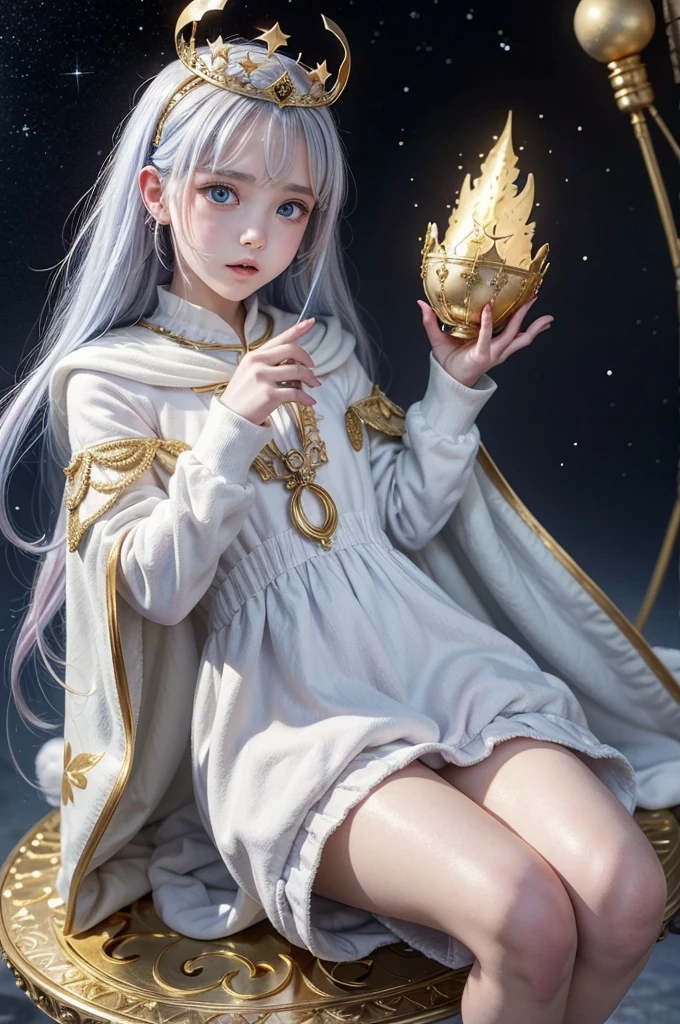 Paimon from Genshin Impact is a charming and quirky character, Known for his small stature and ethereal appearance. Measures approximately 2 feet (60 cm) tall and constantly floats a few centimeters above the ground. Paimon has short white hair, adorned with a golden diadem that looks like a crown. His big blue eyes reflect curiosity and vivacity., complemented by pupils reminiscent of stars. Wear a white outfit with gold and blue details, consisting of a short, fluffy dress with long sleeves and a cape that resembles a poncho, decorated with celestial motifs. Her little feet are wrapped in gold booties that match the rest of her outfit.. Paimon's personality is cheerful and somewhat mischievous., acting as the Traveler's constant guide and companion, providing both practical help and witty commentary throughout your adventure.