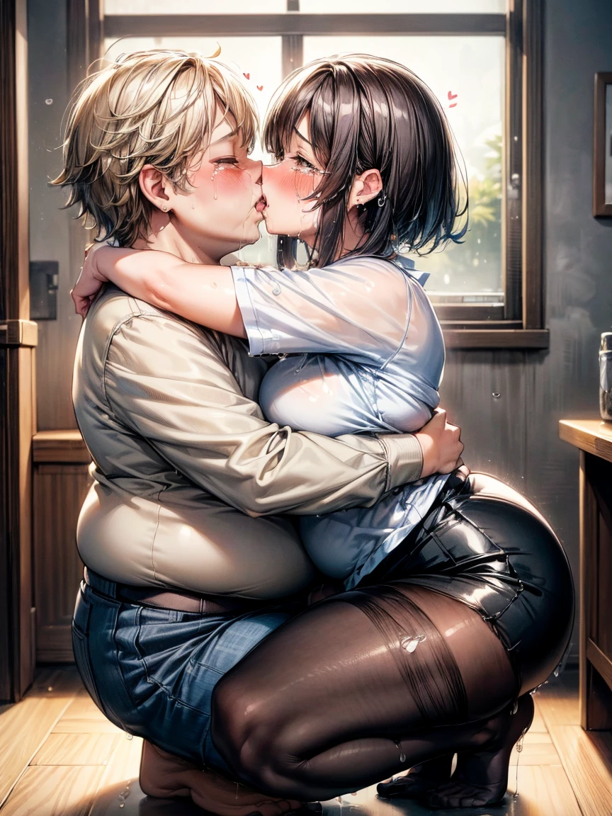 (girl, Fat middle-aged man:1.2), 破れたpantyhose、pantyhose、White shirt、Pencil Skirt、blush、(kiss)、(hug)、office、Very detailed、High Resolution度、4K、masterpiece、High Resolution、(tears:1.8)、(Clothes are see-through:1.2)、heart、(Side view)、Squat