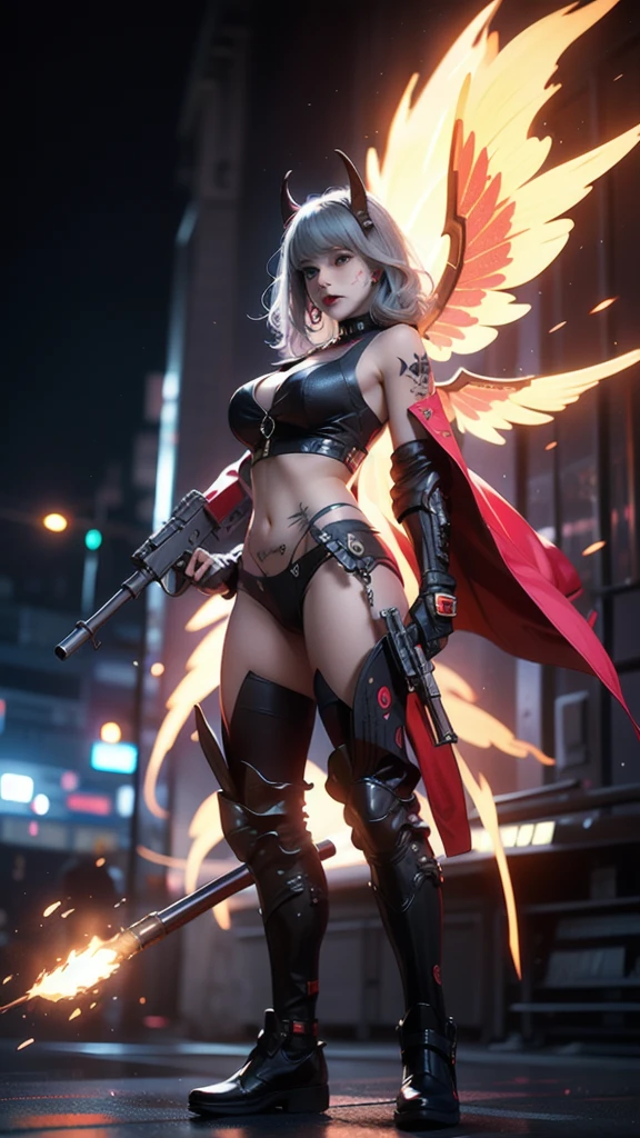 (Best quality,4K,8K,A high resolution,Masterpiece:1.2),Ultra-detailed,(Realistic,Photorealistic,photo-realistic:1.37),[Cyberpunk,Girl,The center of the picture,frontage，Mechanical,Metallic,robotic limb,high-heels，(Huge wings),(Rabbit ears)],Futuristic city landscape,nigth,Suspended in the street，Science fiction elements,urban chic,