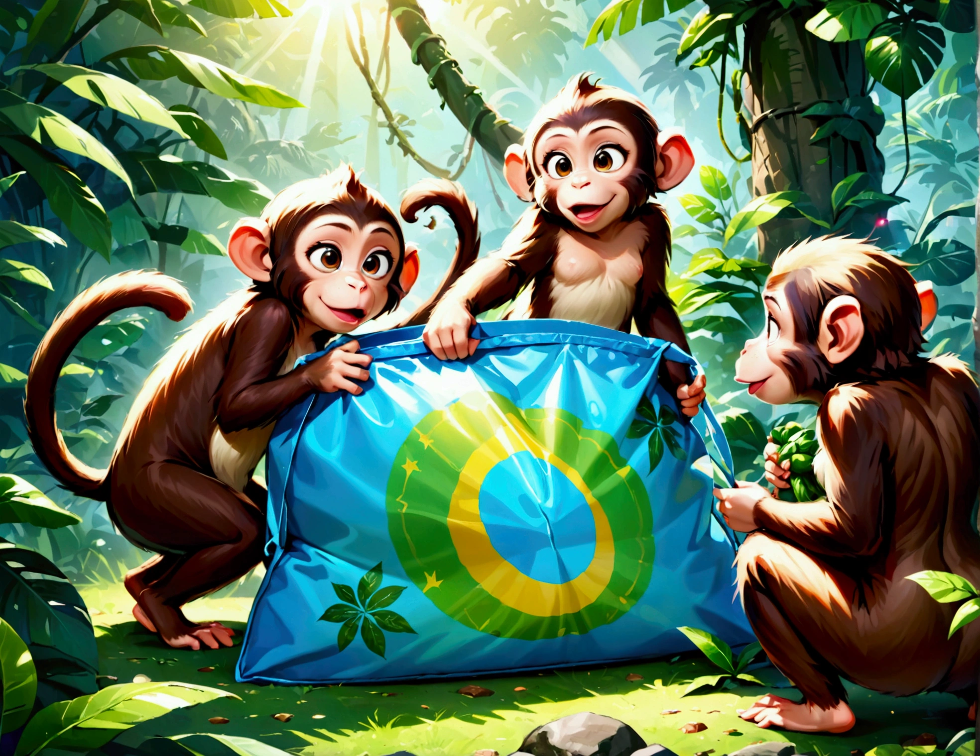 A group of little cute monkeys,mischievous monkeys,playful monkeys,monkey antics,cheeky monkeys,jungle camp,outdoor camp,food sack,scientists away,comedic,humorous,comical,slapstick,cute,fluffy,adorable,high quality,8k,detailed,vibrant colors,natural lighting,lush greenery,photorealistic