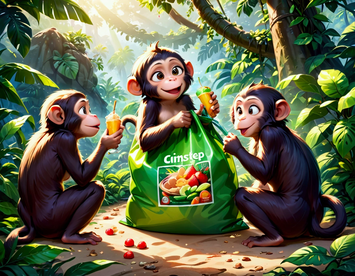 A group of little cute monkeys,mischievous monkeys,playful monkeys,monkey antics,cheeky monkeys,jungle camp,outdoor camp,food sack,scientists away,comedic,humorous,comical,slapstick,cute,fluffy,adorable,high quality,8k,detailed,vibrant colors,natural lighting,lush greenery,photorealistic
