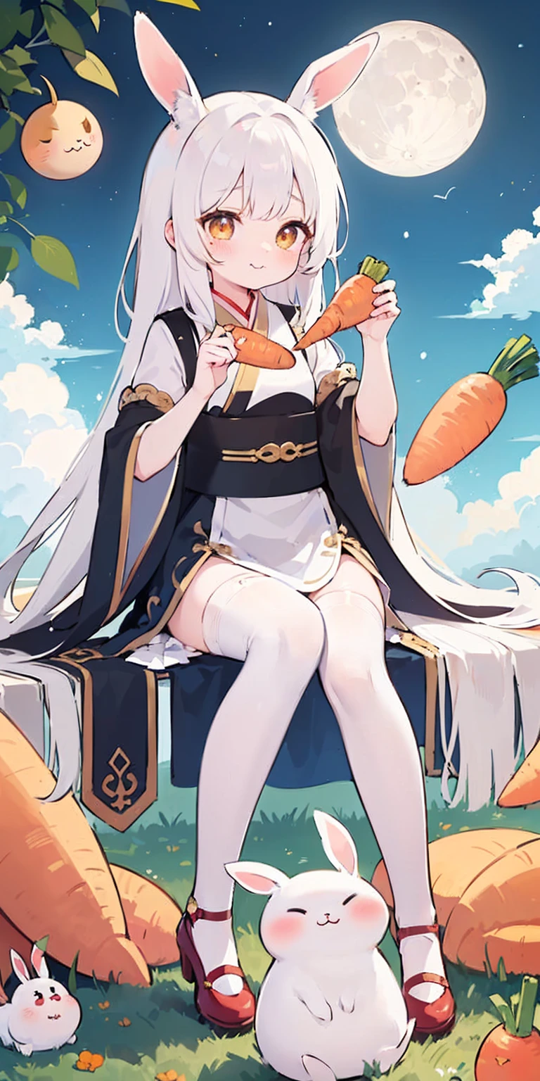 (>3<:2)
Chang'e,the Jade Hare,the Moon Palace,rabbit ears,
White hair, extra long hair, sister cut, Hanfu, extra long skirt,
Golden eyes, golden pupils,
(White stockings: 1.5)(Moon magnification: 1.5)
Sitting on the Cloud,Holding the golden carrot,