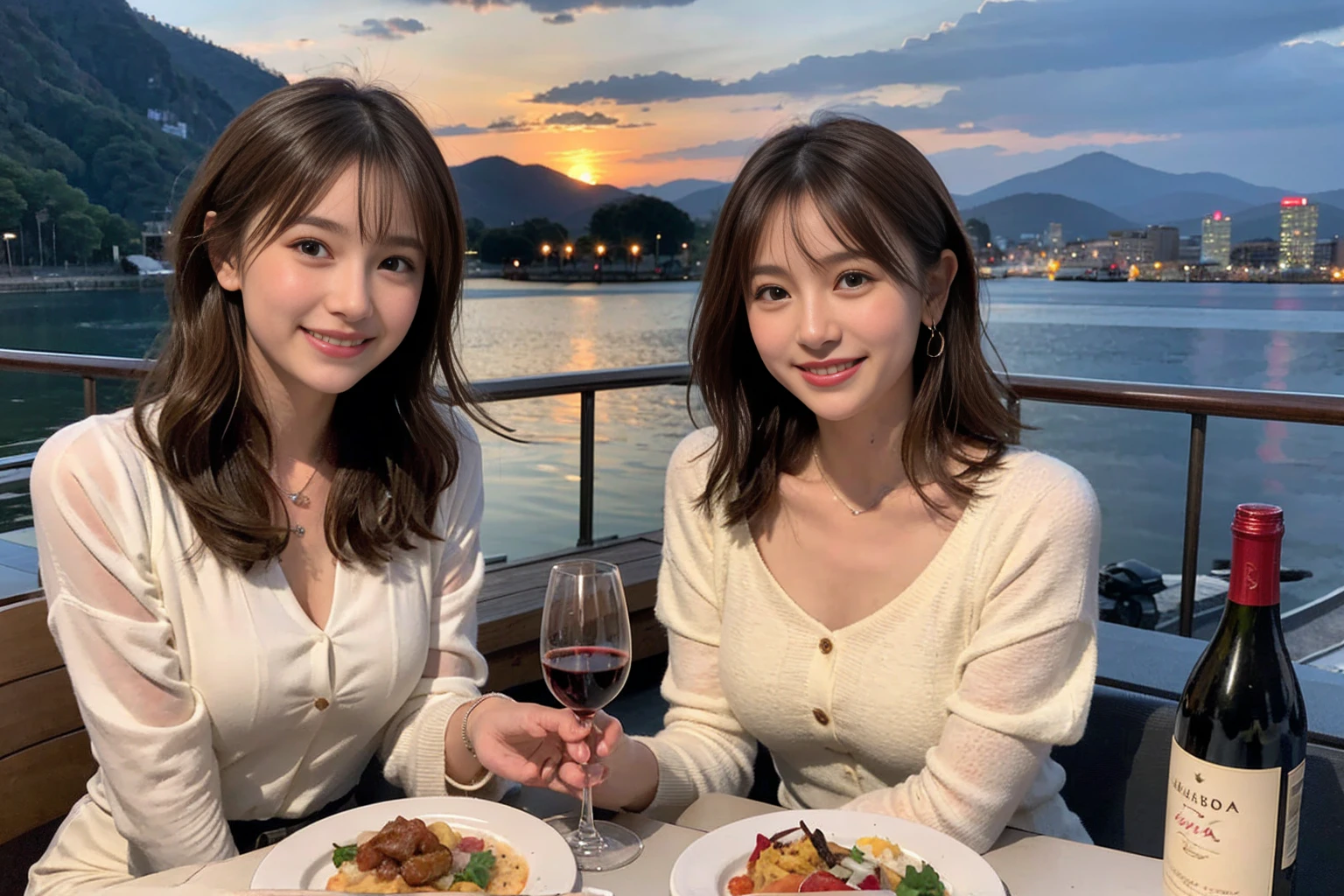 (Realistic:1.1),(masterpiece,Highest quality),8k,(40 years old), 42 years old, slimカップル、Model Couple、actress/actor、Tight waist,Upper Body,full-course dinner、wine 、Amazing view of the sunset sky and clouds、Perfect Anatomy, Brown Hair, short hair,Random Hairstyles,((Highly detailed face and eyes:1.2))(cute顔:1.4),美しいactressの顔,Perfect golden ratio face,Long sleeve shirt、dress,(smile:1.2)、Shortcuts、cute、(Realistic, Intricate details:1.2), A bright smile、short hair,Bright Face、赤wine 、Appetizers、Italian food、wine bottle、Champagne、スパークリングwine、(slimな顔), (The body is slim), (Brown Hair), (Shortcuts), Upper Body, 白wine, slim, wineグラス,