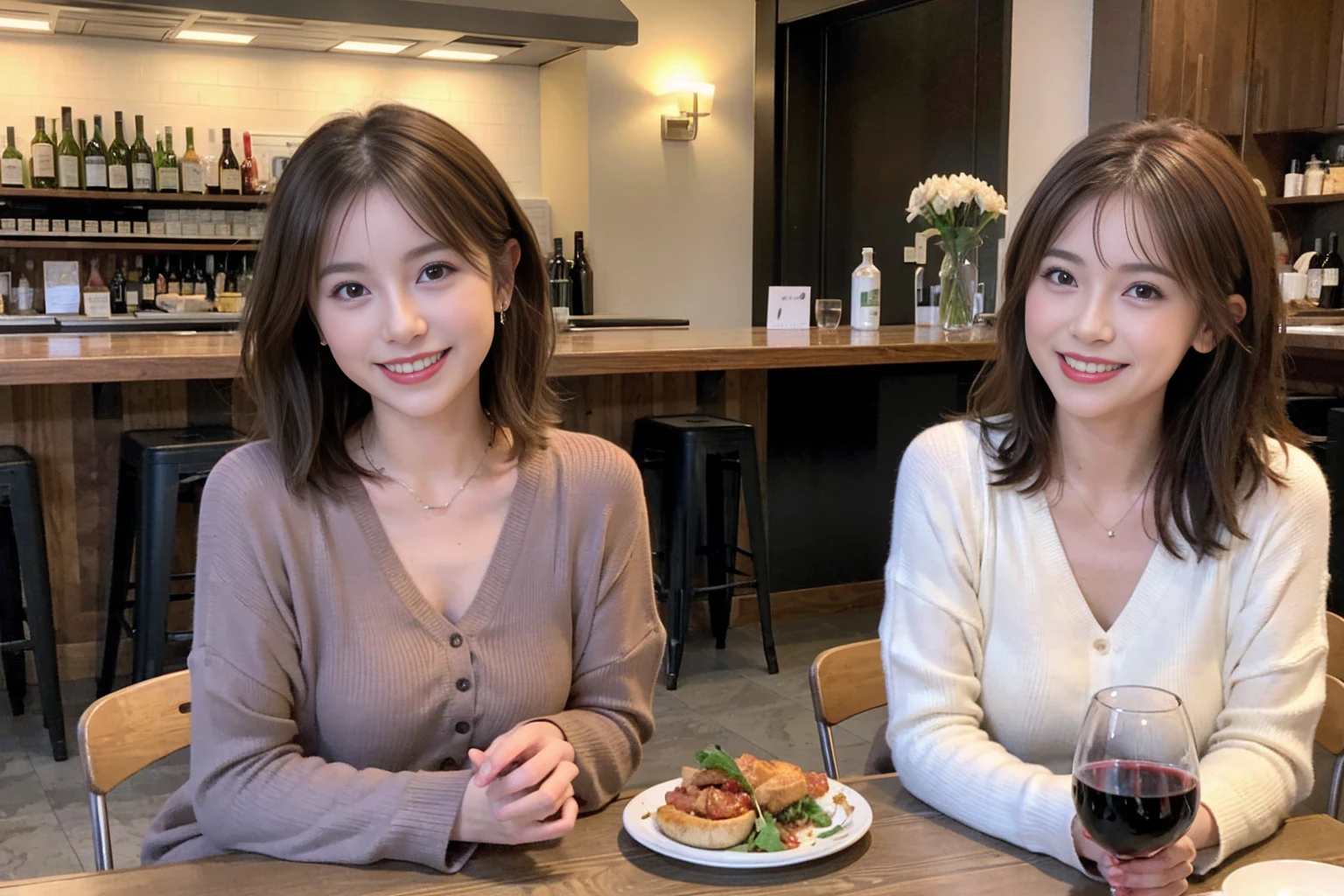 (Realistic:1.1),(masterpiece,Highest quality),8k,(49 years old), 53 years old, ベリーslimボディ、slimカップル、Tight waist,Upper Body,full-course dinner、wine 、Amazing view of the sunset sky and clouds、Perfect Anatomy, Brown Hair, short hair,Random Hairstyles,((Highly detailed face and eyes:1.2)),Perfect golden ratio face,Long sleeve shirt、dress,(smile:1.2)、Shortcuts、cute、(Realistic, Intricate details:1.2), A bright smile、short hair,Bright Face、赤wine 、Appetizers、Italian food、wine bottle、Champagne、スパークリングwine、(slimな顔), (The body is slim), (Brown Hair), (Shortcuts), Upper Body, 白wine, slim, wineグラス,