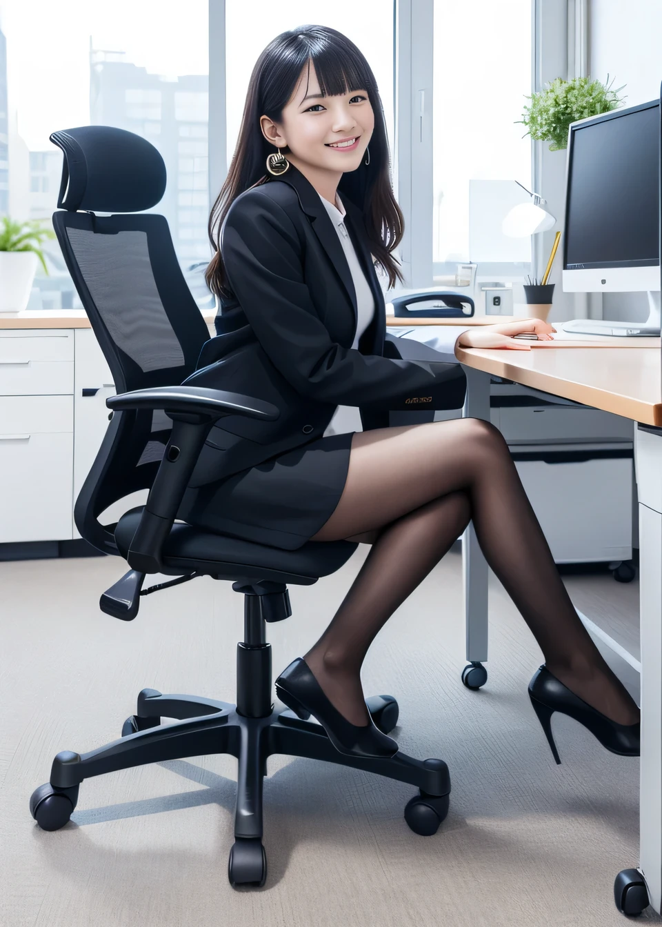 Highest quality, Photorealistic,、Clear Beauty、（Full body photo）、Woman sitting in office chair,、Black Hair、Ear piercing、smile、Beautiful teeth alignment、 Are standing, Jacket, Knee-length skirt、tights、, pumps, The background is the office

