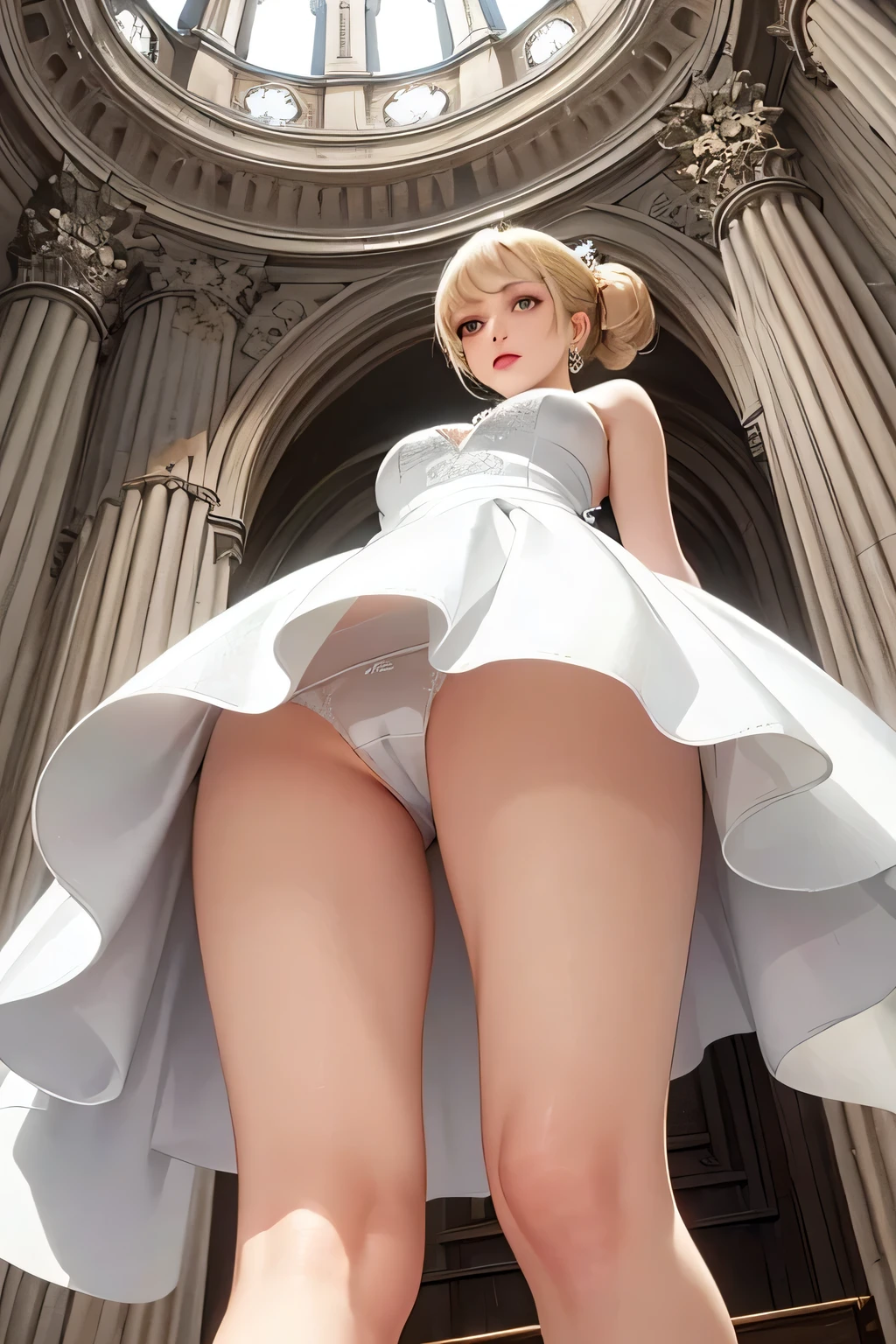 Beautiful 20 year old woman, (((blond updo))),(((Miniskirt Prom Dresses))), (mini skirt),(White panties)、church、(((Photo taken from below)))、Panty shot