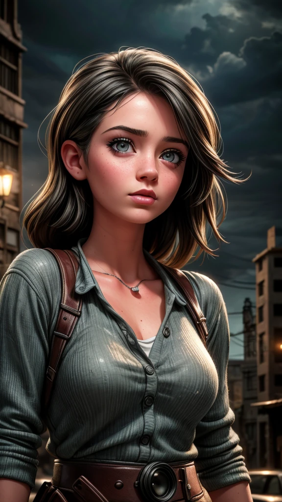 beautiful detailed eyes, beautiful detailed lips, extremely detailed eyes and face, long eyelashes, 1 girl, empty abandoned city, post-apocalyptic, dark cloudy sky, dramatic lighting, gritty, cinematic, moody, somber, melancholic, muted colors, (best quality,4k,8k,highres,masterpiece:1.2),ultra-detailed,(realistic,photorealistic,photo-realistic:1.37)