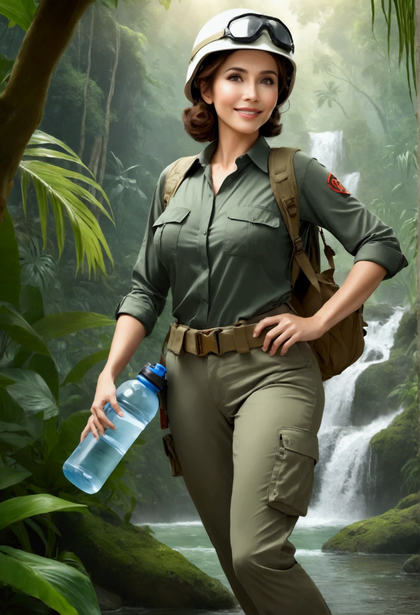 RAW, Best quality, high resolution, masterpiece: 1.3), Elegant MILF on Jungle Adventure (iu:0.8), Best quality, high resolution, Masterpiece: 1.3, Alluring Mature Woman, Masterpiece, Confident Smile, Realistic, 1woman, Mesmerizing Eyes, Radiant Eyes, Parted Lips, Elegant MILF, Full-length, Captivating Figure, Aesthetics of the Female Body, Jungle Explorer, Embarking on Adventure, Wearing Long Sleeve Shirts, Long Pants, Protective Helmet, Backpack, Water bottle, Mountain sword, big ,