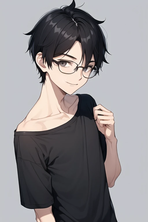 a boy, alone, with a somewhat thin, somewhat feminine body, black hair, medium short hair, black eyes, simple black glasses on, looking at the viewer, calm smile, loose black shirt with one shoulder exposed, simple light blue background