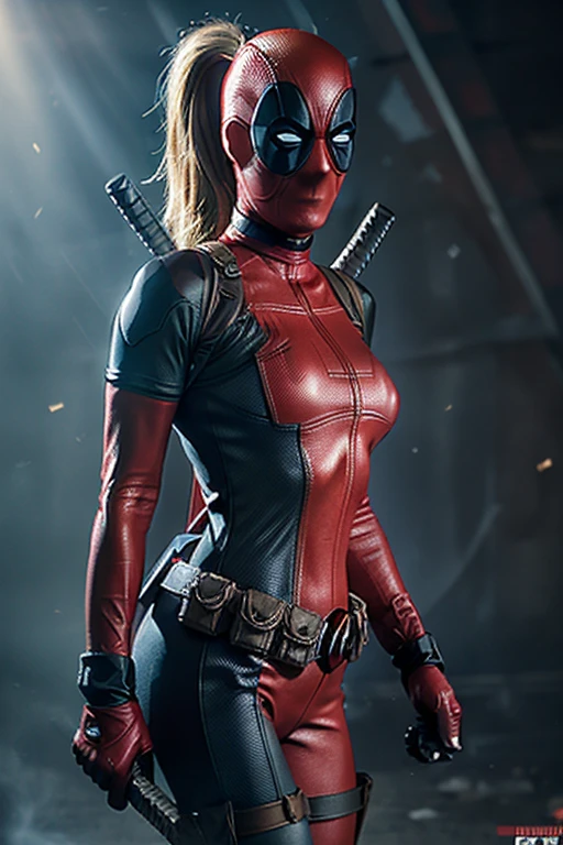 BodySuit_lady_deadpool, 1girl, mask, blonde hair, long hair, large breasts, no pupils, bodysuit, superhero, red body Kate Beckinsale, Sexy woman (big boobs) dressed as Deadpool from Marvel Comics, In the fortress of loneliness, Looks cool, (ultra realistic), (illustartion), (High Resolution), (8k), (Very detailed), (Best illustration), (Best Quality), (Ultra Detailed), (Masterpiece), solo, (dynamicpose), dark studio
