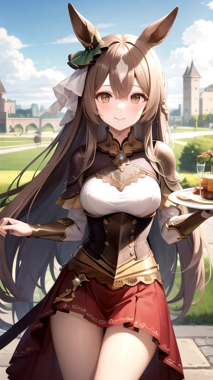 masterpiece, best quality, highres, {{8k}},
BREAK,
aasato, long hair, half updo, braid, hair between eyes, animal ears, ear ornament, medium breasts, plate armor, long red skirt, cowboy shot, shy smile, blush, cute, wide hips, busty,
BREAK,
outdoor, castle,