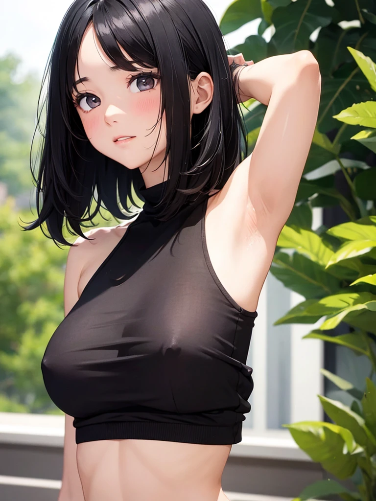  girl, black haired, showing armpits, blushed, flat 