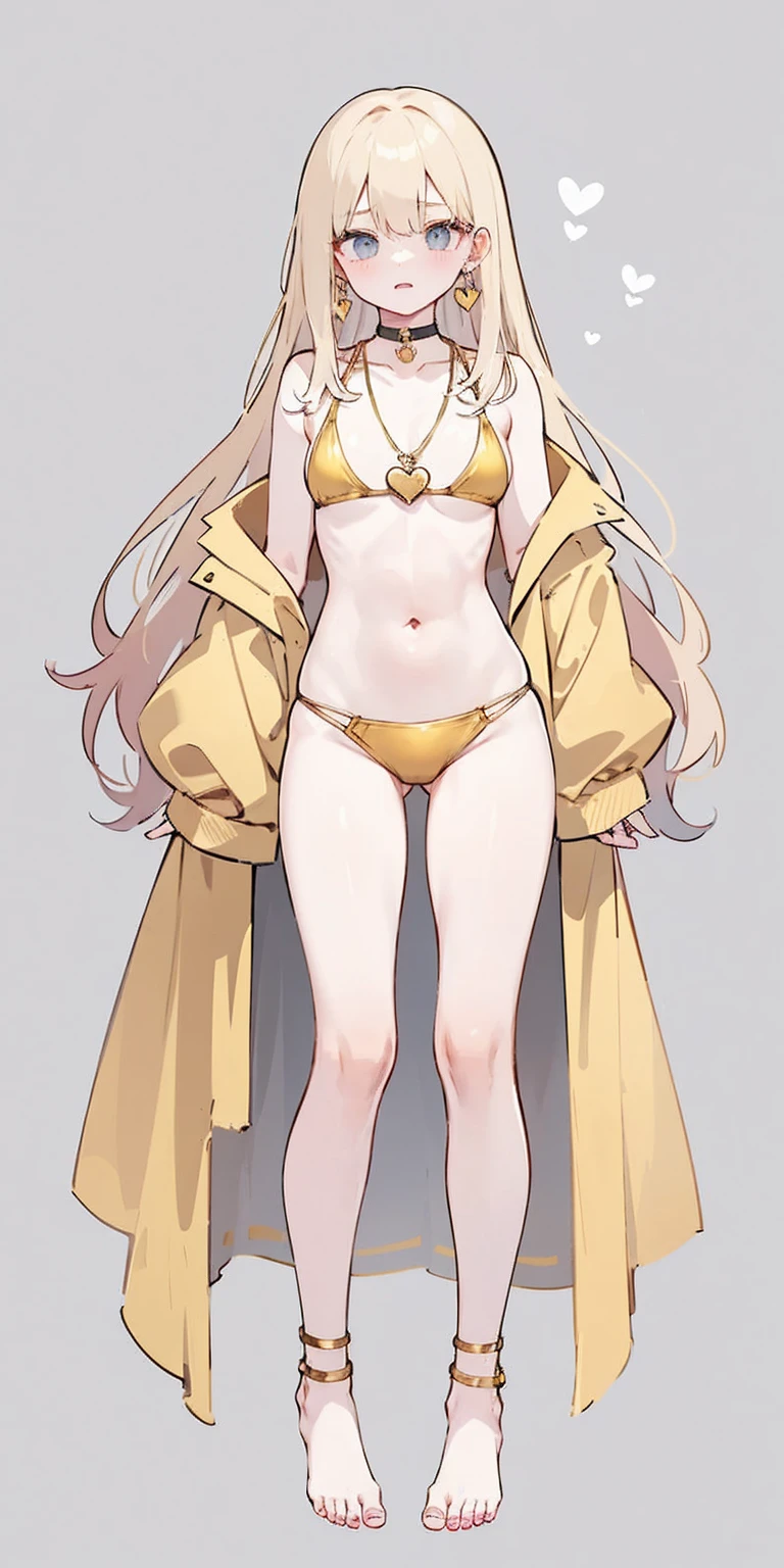 Background: Plain Grey Background Body: Full body toe to head revealing abdominal muscles Attire: Golden bikini, Golden handcuffs on wrists, Black leather choker with a golden heart pendant Accessories: Golden large earrings, golden chain necklace