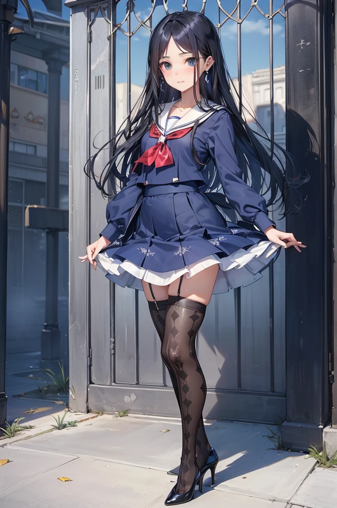((Biologically correct limb count)),(( From head to toe,Full-body photo including face)),4K,((Standing position)),masterpiece,((Focus on the face)),((Symmetrical facial features)),Eyes with detailed description,Beautiful woman,Great style,Beautiful arms,Beautiful legs,Beautiful Hands,(Small Ass,Thin thighs),Detailed depiction of the face,Small earrings,necklace,(Sailor suit,mini skirt((High heels,Patterned stockings))),((Meeting at the school gate)),Silk gloves,(((Blue black hair))),Realistic photo