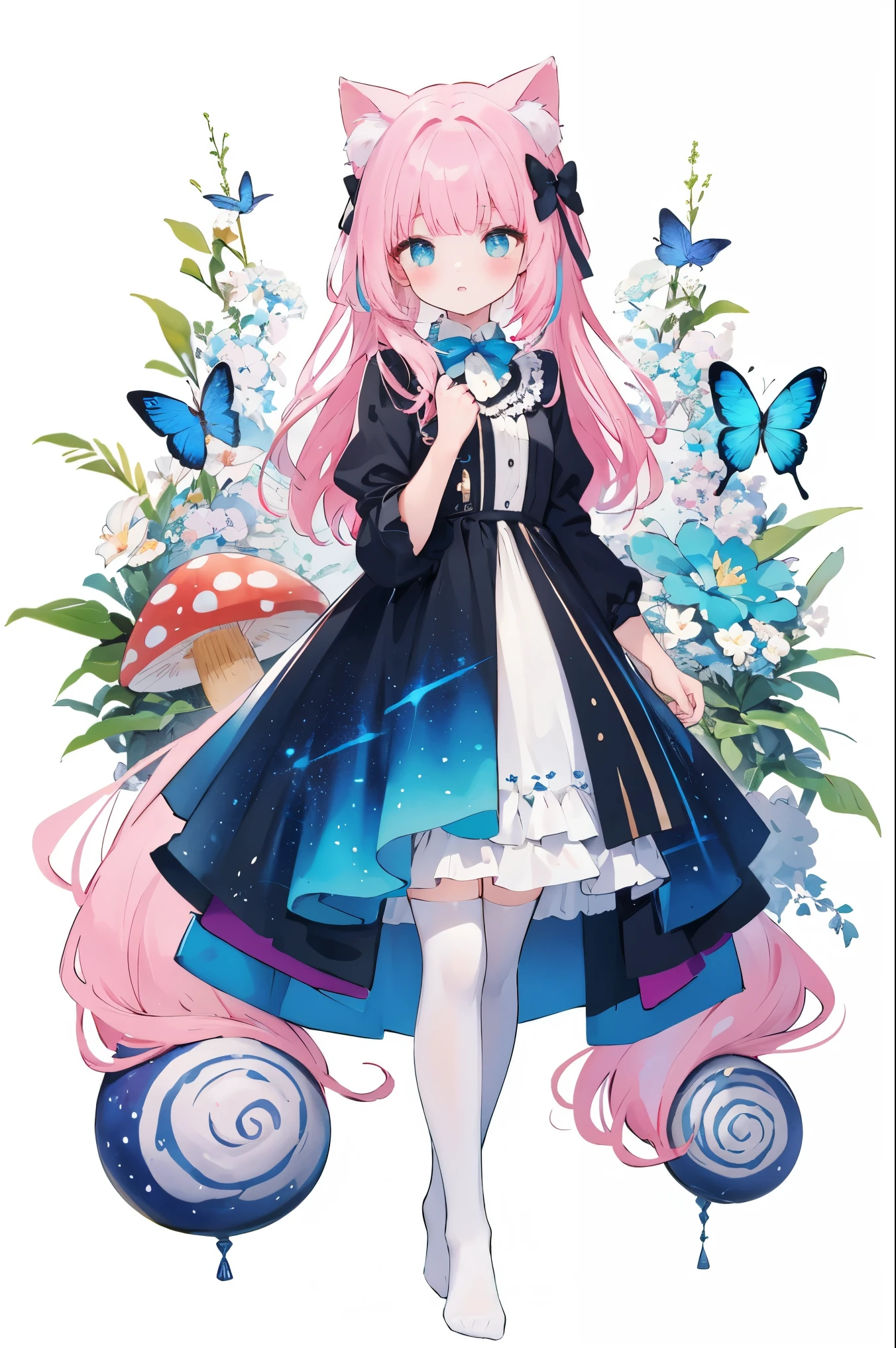 (Highest picture quality),(Master'******),(Detailed eye description),(8K wallpaper),(swirl:1.3), beautiful girl,(cat ears:1.2),(pink hair),bowtie on neck,blunt bangs,blue eyes, (1980s),(Detailed face description), (white background:1.4),(mid shot:0.95),(full body:1.25),Dynamic angle,[Bottle bottom],(swirl:1.3), surrounded by giant mushrooms and colorful butterflies.no shoes,(wet) clothes,(wet) thighhighs,she explores the strange and wondrous garden. (blush),the color of candyfloss,adorned with a pair of oversized bows.and a butterfly in the other hand. The atmosphere is whimsical and playful,it's clear that she is in her element and enjoying the moment of the fantastical garden.((Starry sky adorns beautiful detailed colorful ink splash dress)),(((colorful))),(multicolored:1.3),(blue),(purple),(yellow),(cyan),black,(green),(((colorful))),(swirl:1.3),
