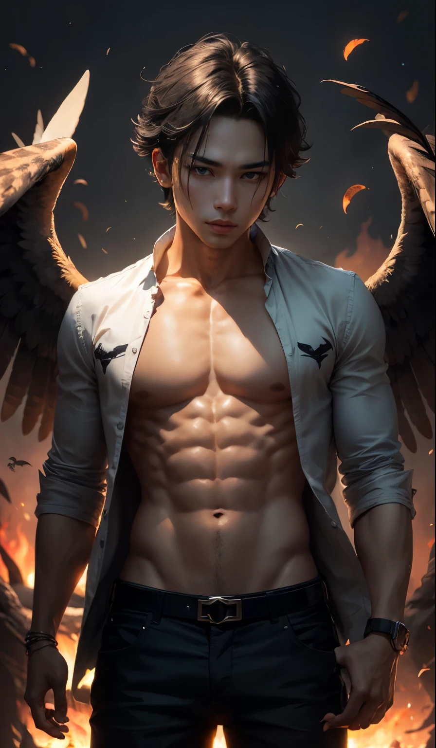 Young angel naughty man, just, Owl-like, with four black wings, Eyes red, just look, dark aura, naughty man