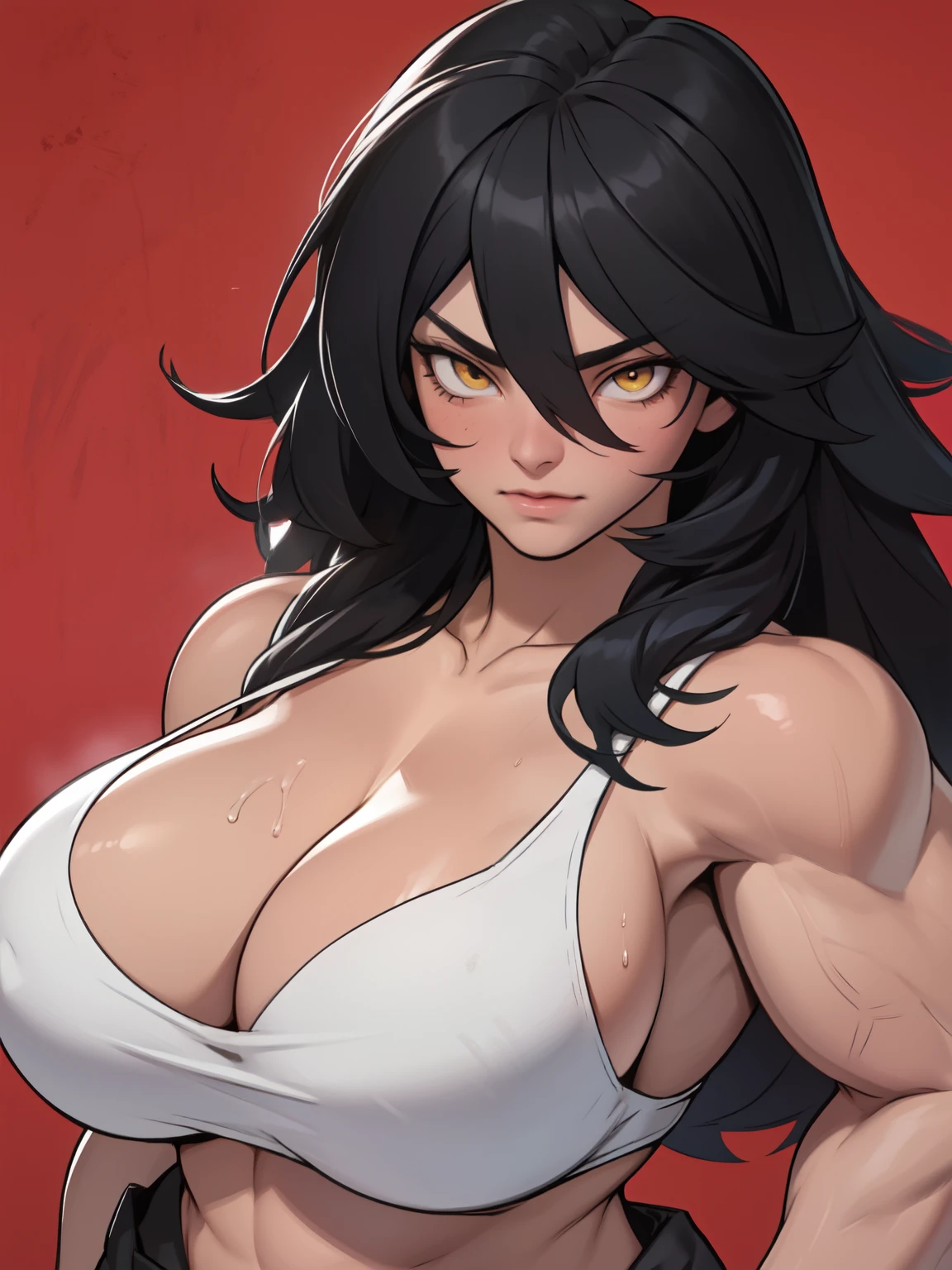 (((muscular girl toned body massive breasts))) yellow eyes black hair between eyes pale skin sweaty massive hair messy hair