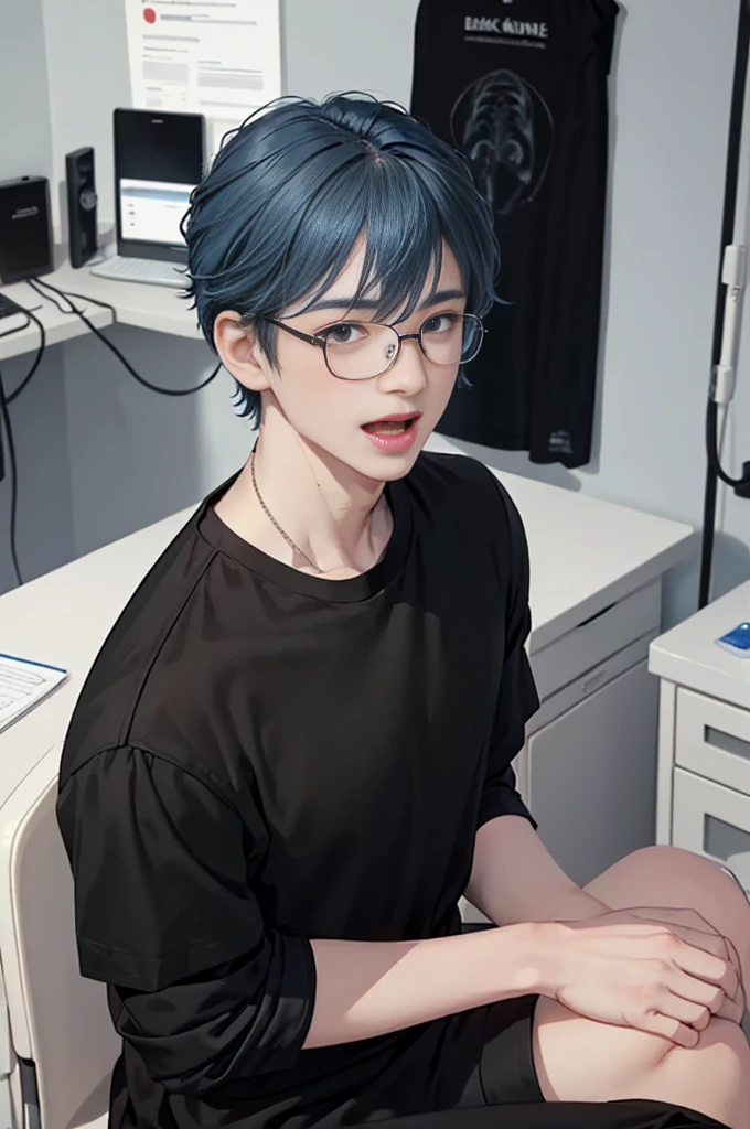 1 boy, age 5-6 years ,Solo, sitting (Looking at the audience), (black shirt:1.5) ,Stylish clothes Childish man wearing glasses /(blue hair/) Worried face, open mouth (The best quality masterpiece:1.2) , Delicate illustrations, Special details, (hospital examination room) In the building, desk Detailed background, ยิ้ม