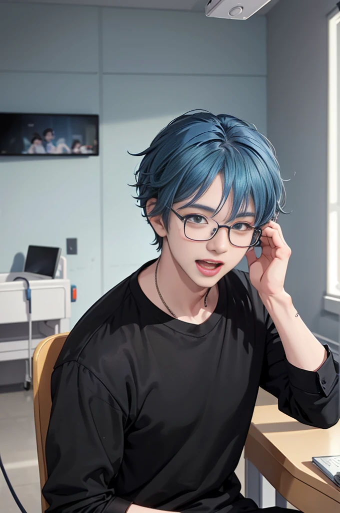1 boy, age 5-6 years ,Solo, sitting (Looking at the audience), (black shirt:1.5) ,Stylish clothes Childish man wearing glasses /(blue hair/) Worried face, open mouth (The best quality masterpiece:1.2) , Delicate illustrations, Special details, (hospital examination room) In the building, desk Detailed background, ยิ้ม