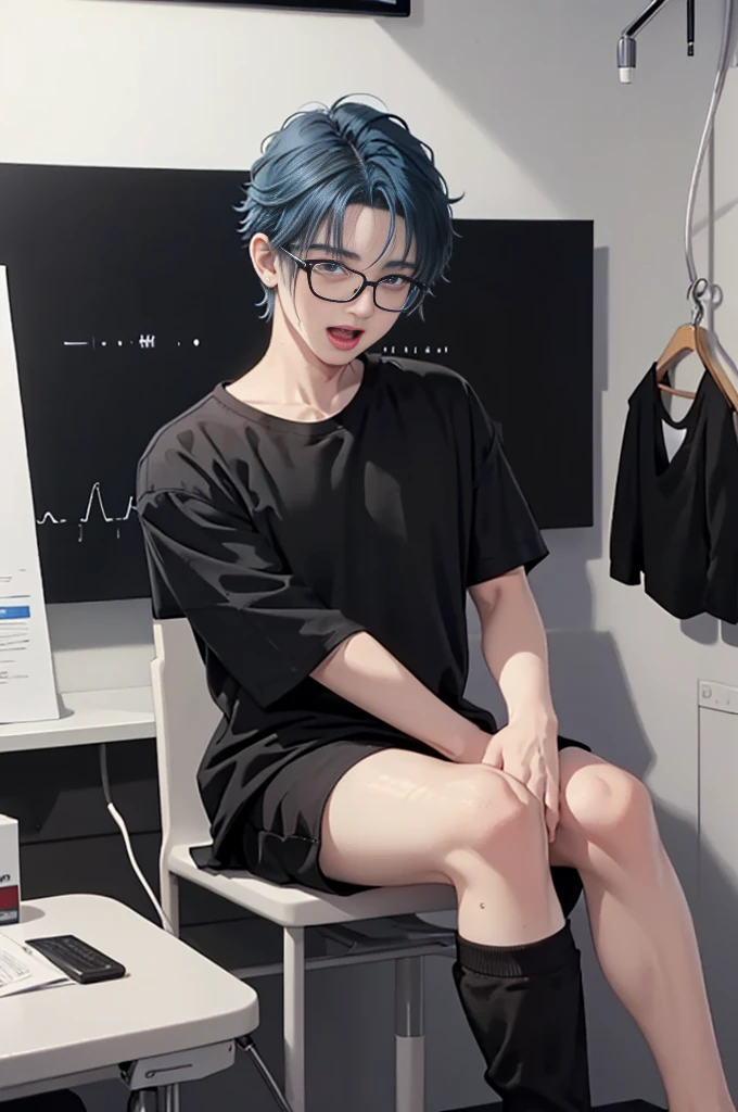 1 boy, age 5-6 years ,Solo, sitting (Looking at the audience), (black shirt:1.5) ,Stylish clothes Childish man wearing glasses /(blue hair/) Worried face, open mouth (The best quality masterpiece:1.2) , Delicate illustrations, Special details, (hospital examination room) In the building, desk Detailed background, ยิ้ม