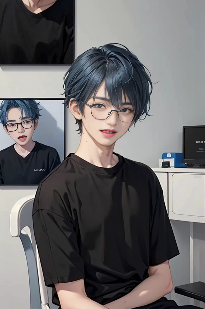 1 boy, 5-6 yeaolo, sitting (Looking at the audience), (black shirt:1.5) ,Stylish clothes Childish man wearing glasses /(blue hair/) Worried face, open mouth (The best quality masterpiece:1.2) , Delicate illustrations, Special details, (hospital examination room) In the building, desk Detailed background, ยิ้ม
