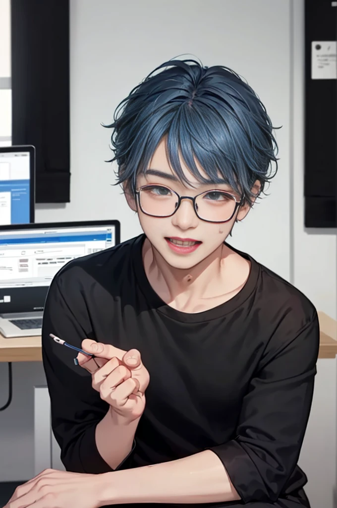 1 boy, age 5-6 years ,Solo, sitting (Looking at the audience), (black shirt:1.5) ,Stylish clothes Childish man wearing glasses /(blue hair/) Worried face, open mouth (The best quality masterpiece:1.2) , Delicate illustrations, Special details, (hospital examination room) In the building, desk Detailed background, ยิ้ม