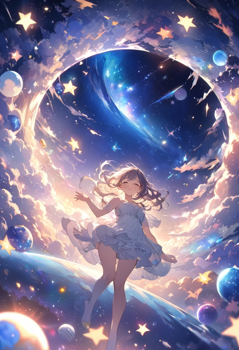 Attention to detail, Super Detail, Ultra-high resolution, A girl having a good time in a dream galaxy, Surrounded by stars, The warm light that shines on her, The background is a starry sky with colorful galaxies and galactic clouds, The stars fly around her, Delicate face, Add a playful touch , 