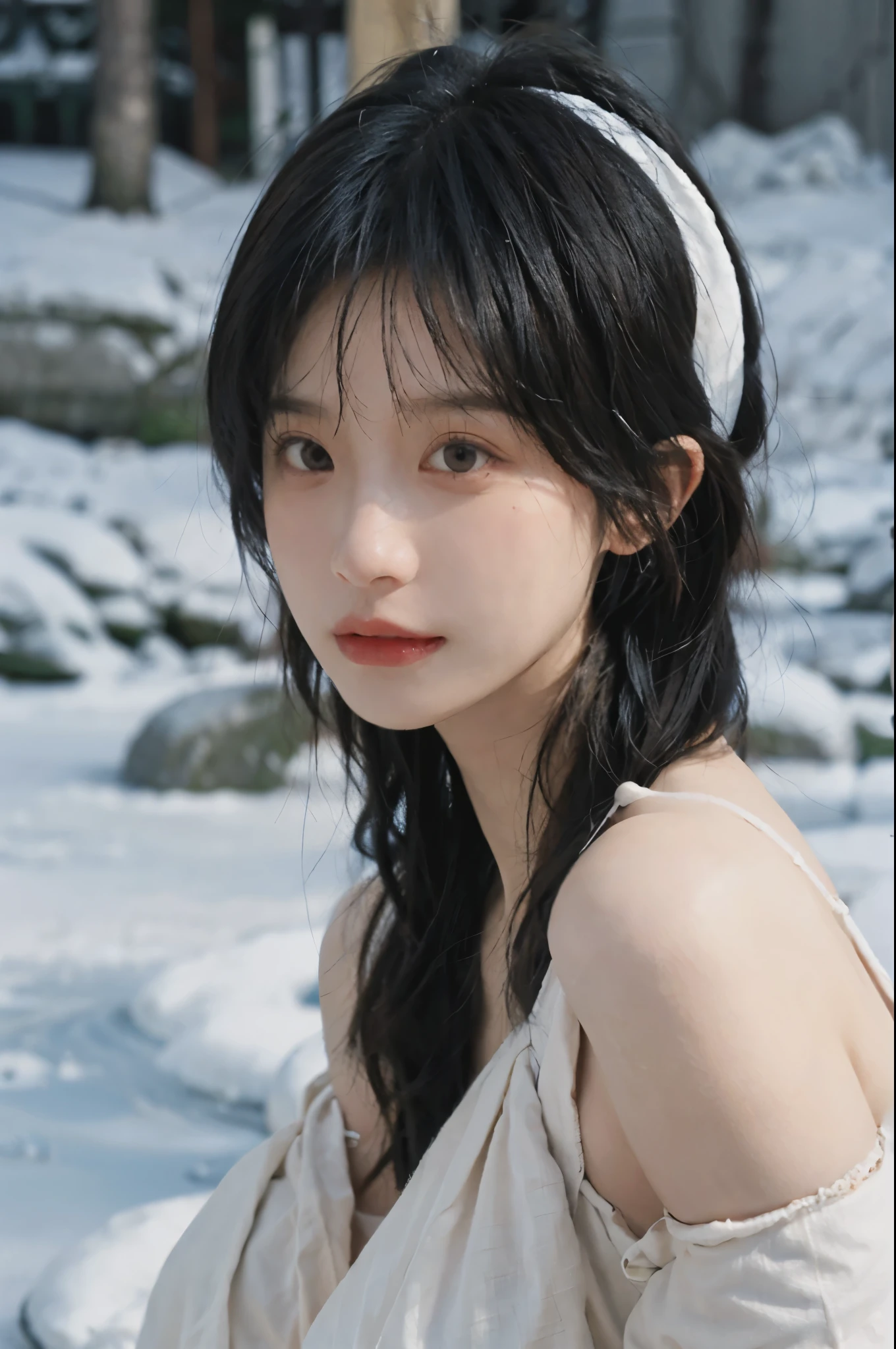 Portrait photography，1 girl，Snow Scene，Snowing background，Push-up non-slip tube top ，（whole body：1.4），Lipstick，(Big Breasts:1.4)，Headband，serene，calm，(Realistic and detailed eyes，Natural skin texture，Realistic facial details)，