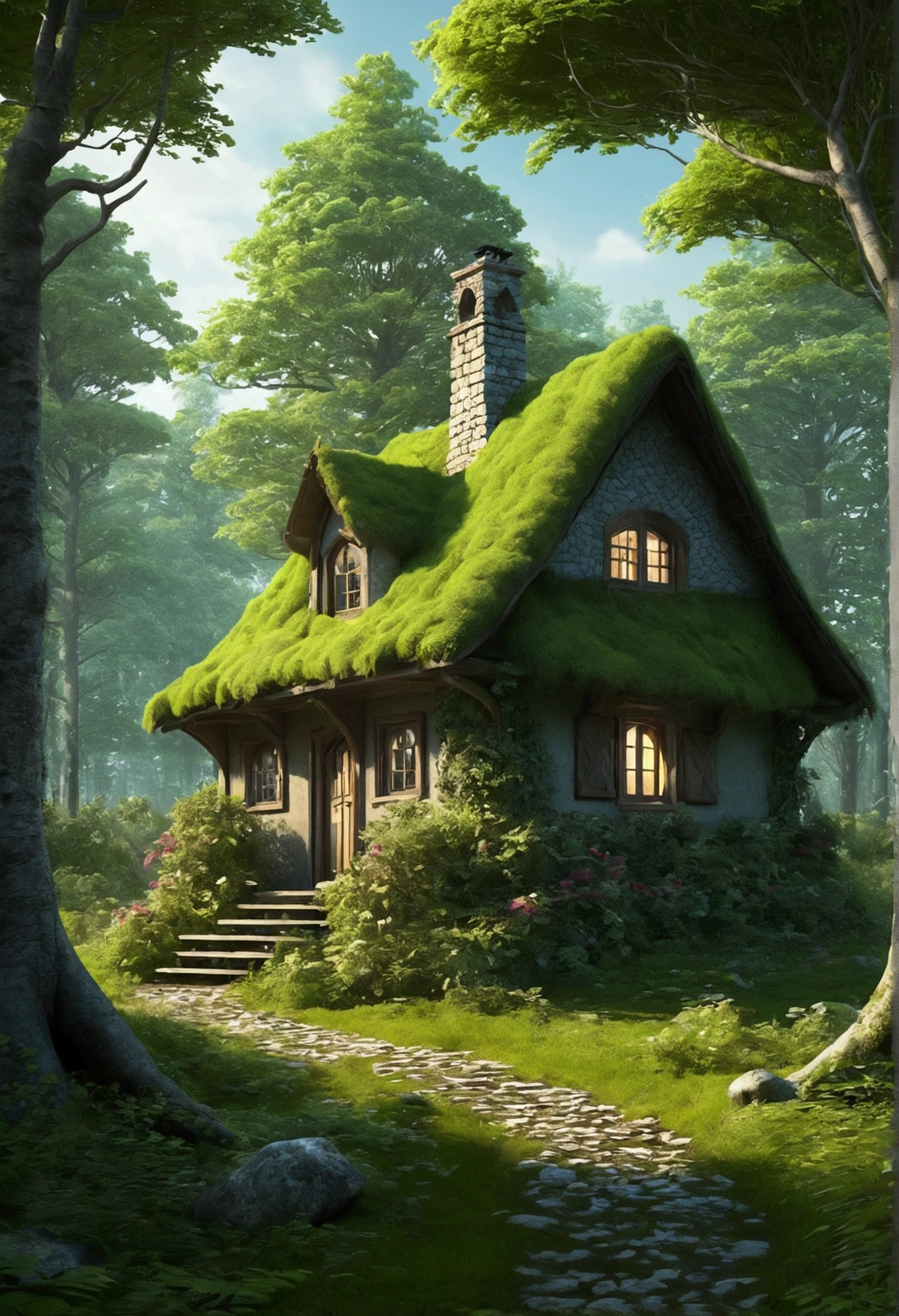 beautiful forest, alone , cottage in the forest fantasy