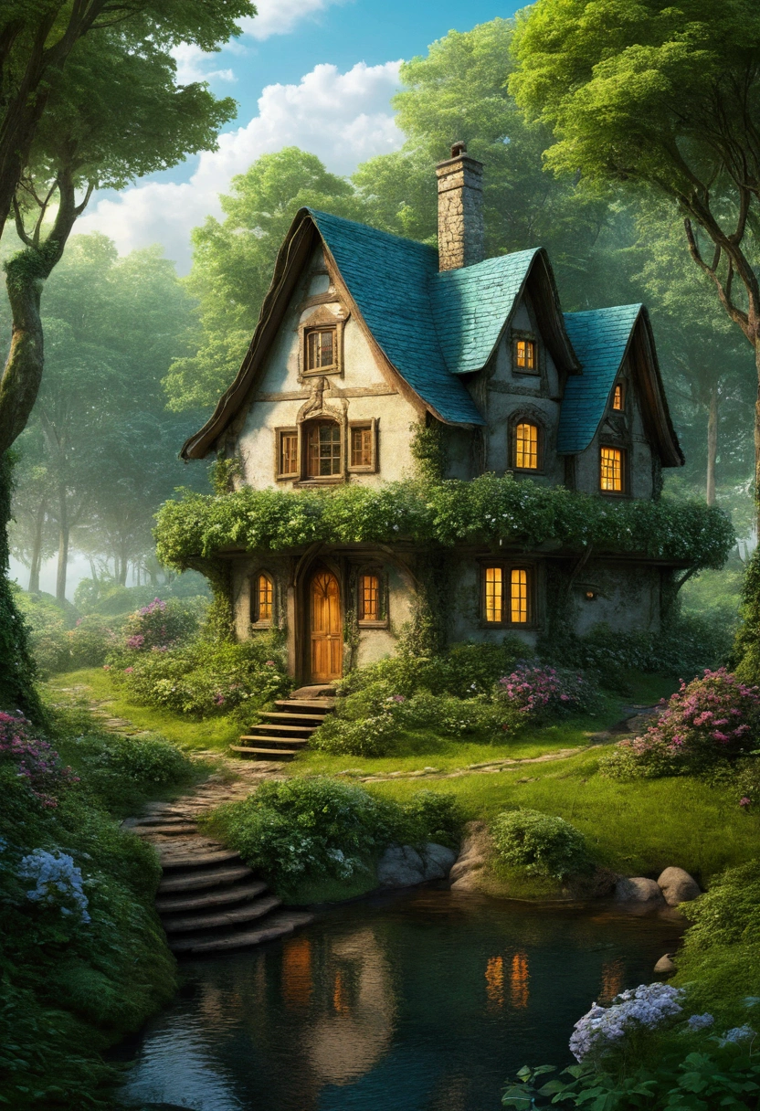 beautiful forest, alone , cottage in the forest fantasy