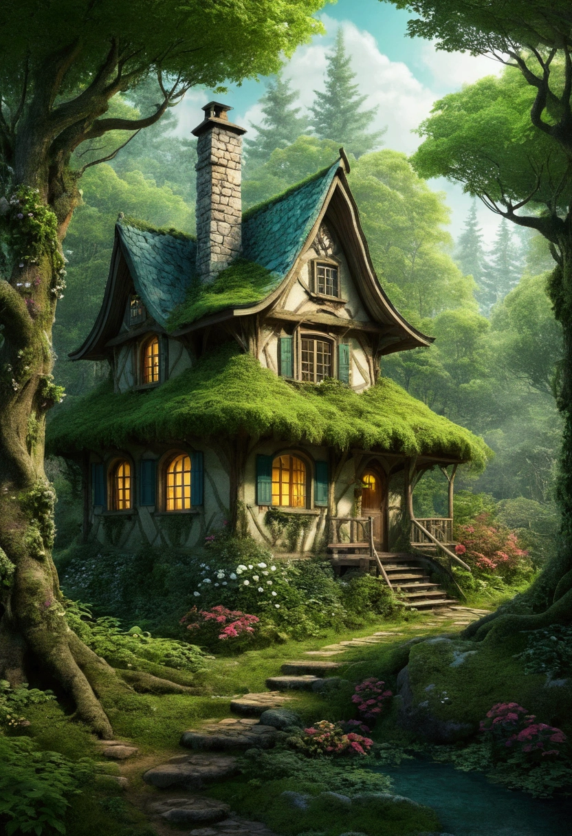 beautiful forest, alone , cottage in the forest fantasy