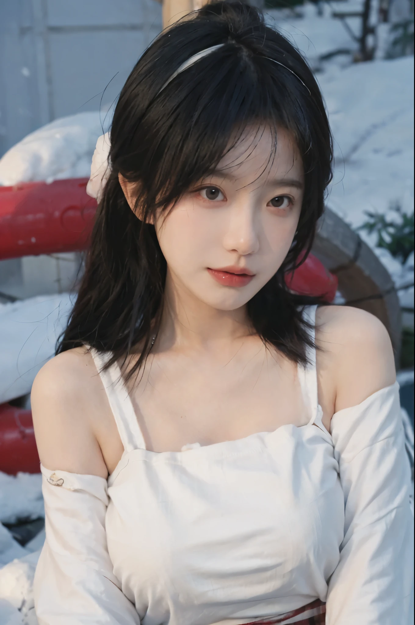 Portrait photography,1 girl,Snow Scene,Snowing background,Push-up non-slip tube top ,(whole body:1.4),Lipstick,(Big Breasts:1.4),Headband,serene,calm,(Realistic and detailed eyes,Natural skin texture,Realistic facial details),