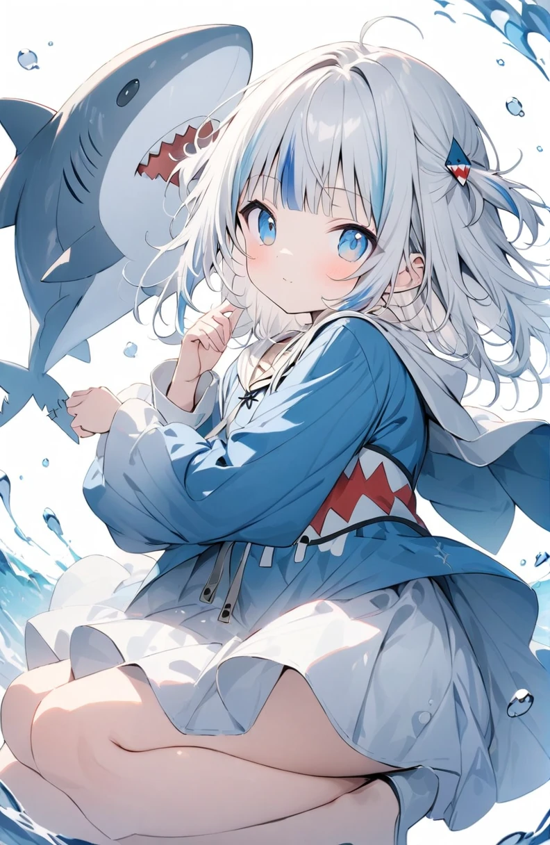 (masterpiece:1.2),(anime),、girl、cute，sweets dream, A colorful world, cute, like, Highest quality, masterpiece，【Highest quality, Tabletop】 (Gray white background:1.7),Gray Hair，Light blue eyes，Shark，Gawl Gura，Gawr Gura