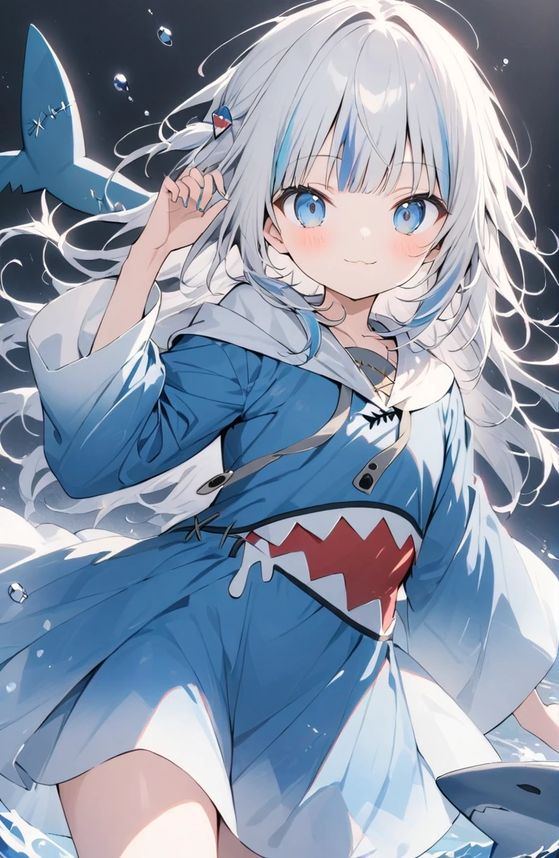 (masterpiece:1.2),(anime),、girl、cute，sweets dream, A colorful world, cute, like, Highest quality, masterpiece，【Highest quality, Tabletop】 (Gray white background:1.7),Gray Hair，Light blue eyes，Shark，Gawl Gura，Gawr Gura