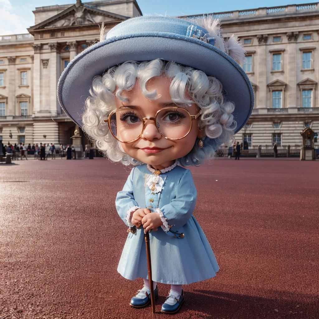 Realistic 3D caricature full body photo, a 2 year old girl dressed as the Queen of England. white curly hair, wearing glasses, light blue clothes, wearing a cane and a hat like an English nobleman. Buckingham Palace background