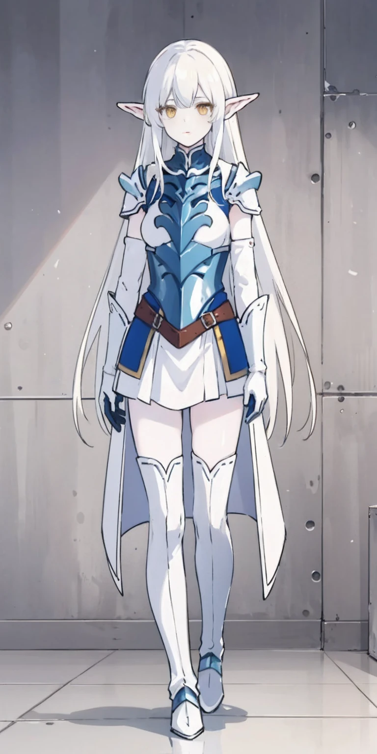 masterpiece, best quality, high quality, white SKIN elf, long hair, white hair, yellow eyes, full body, def_effie, blue breastplate, white skin, looking at viewer, shiny, armor, thigh highs, high boots, shoulder armor, faulds, poleyn, gloves, gauntlets