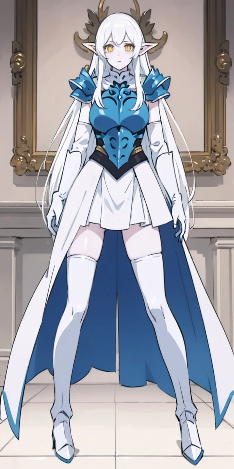 masterpiece, best quality, high quality, white SKIN elf, long hair, white hair, yellow eyes, full body, def_effie, blue breastplate, white skin, looking at viewer, shiny, armor, thigh highs, high boots, shoulder armor, faulds, poleyn, gloves, gauntlets