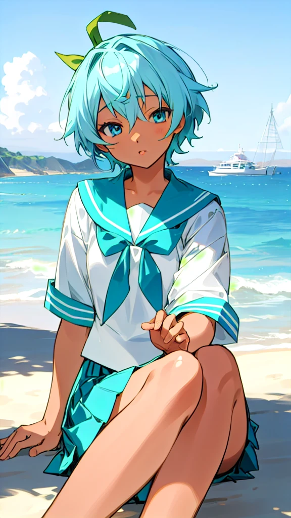Anime Characters Tan Skin,Shortcuts, Sit on the seaside, masterpiece, Highest quality, Detailed skin, Detailed eyes, Light blue eyes,8k, Good shading, Detailed Background, Excellent anatomy 、Sailor suit with green ribbon、Pleated skirt