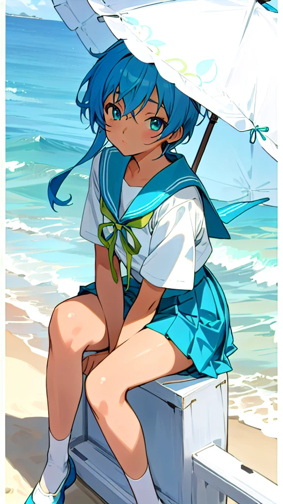 Anime Characters Tan Skin,Shortcuts, Sit on the seaside, masterpiece, Highest quality, Detailed skin, Detailed eyes, Light blue eyes,8k, Good shading, Detailed Background, Excellent anatomy 、Sailor suit with green ribbon、Pleated skirt
