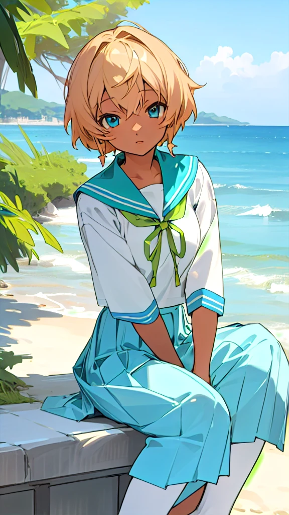 Anime Characters Tan Skin,Shortcuts, Sit on the seaside, masterpiece, Highest quality, Detailed skin, Detailed eyes, Light blue eyes,8k, Good shading, Detailed Background, Excellent anatomy 、Sailor suit with green ribbon、Pleated skirt