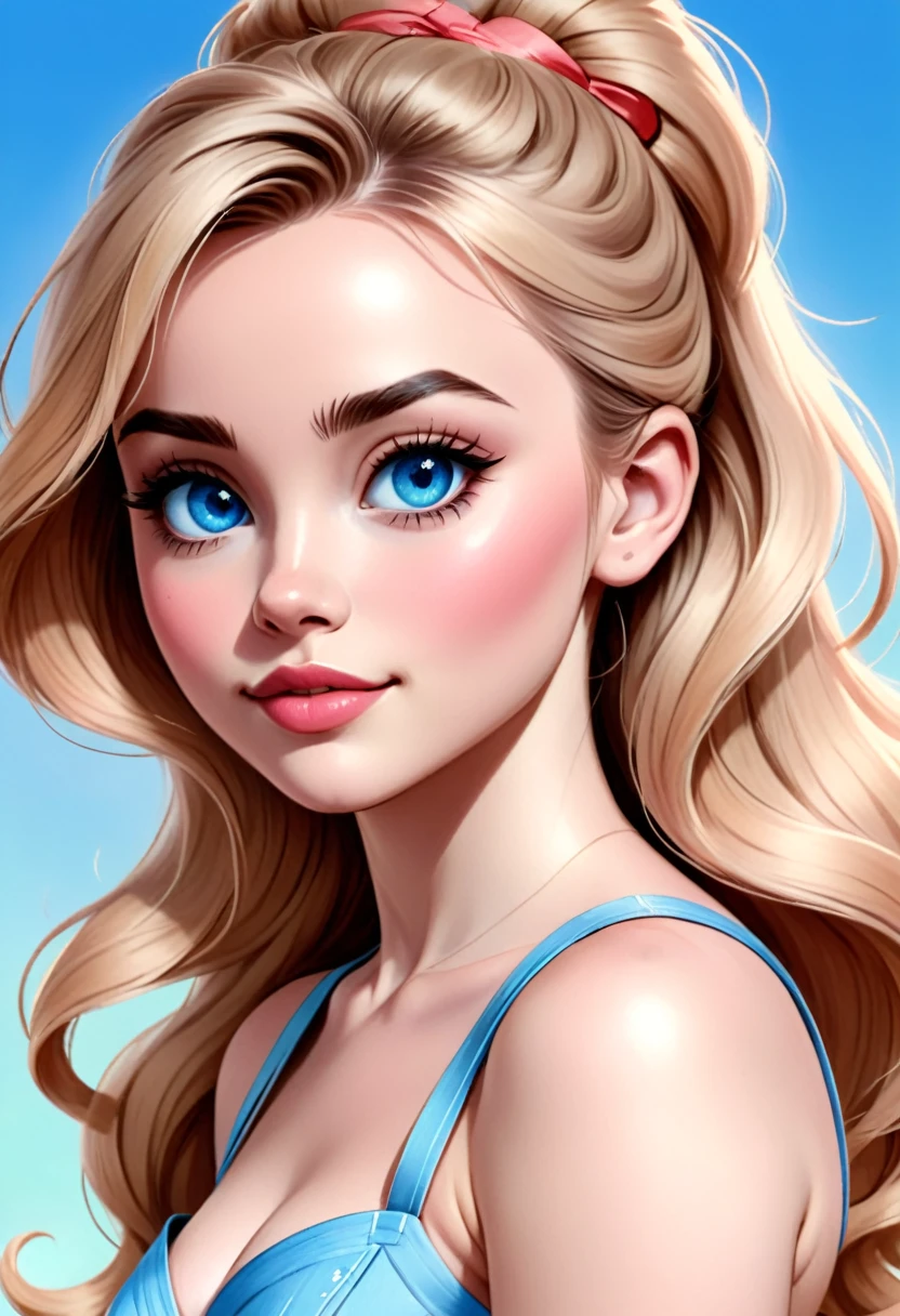 A colored pencil sketch of a beautiful swedish farm wife. crystal blue eyes. rosy complexion. full lips. Sabrina Carpenter. Sudectively dancing in a medow.