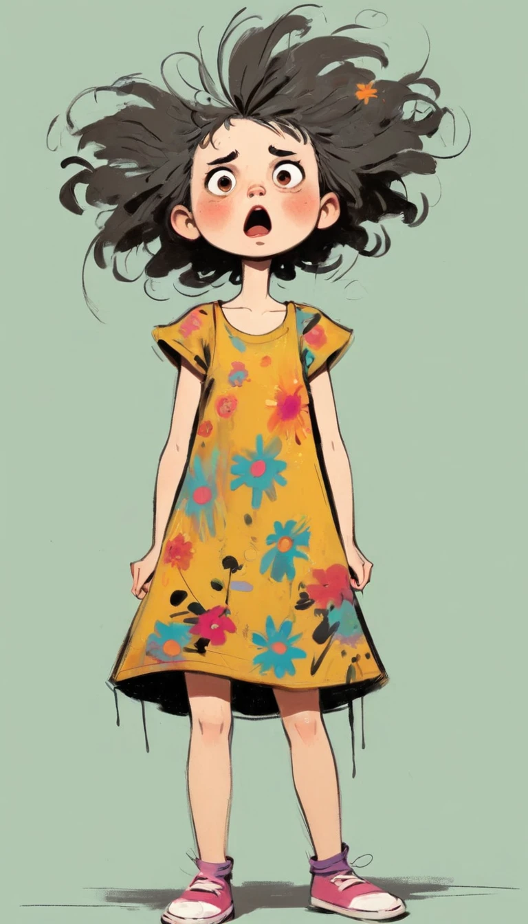 (((Exaggerated digital character sketches:1.37))).(1. Little Girl,(Exaggerated expression,Exaggerated hairstyle),Messy hair),(Black sketch lines,Loose brushstrokes create the outline,Cartoon Style. Bright colors and simplified lines, sketch)。(Exaggerated body movements,Floral slip dress),(Large area of blank)